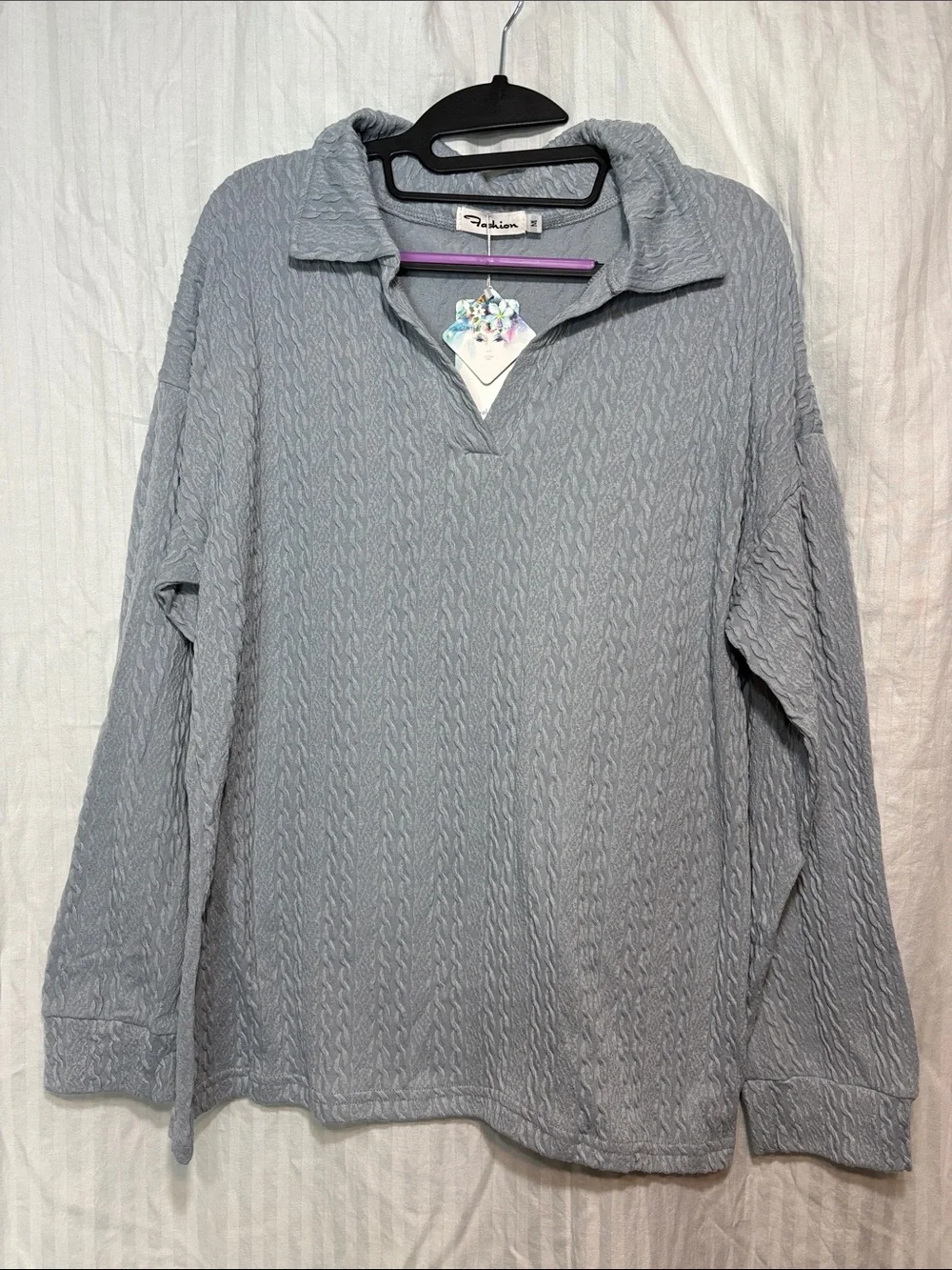 Light Gray Cable Knit Collared Pullover - Picture 1 of 5